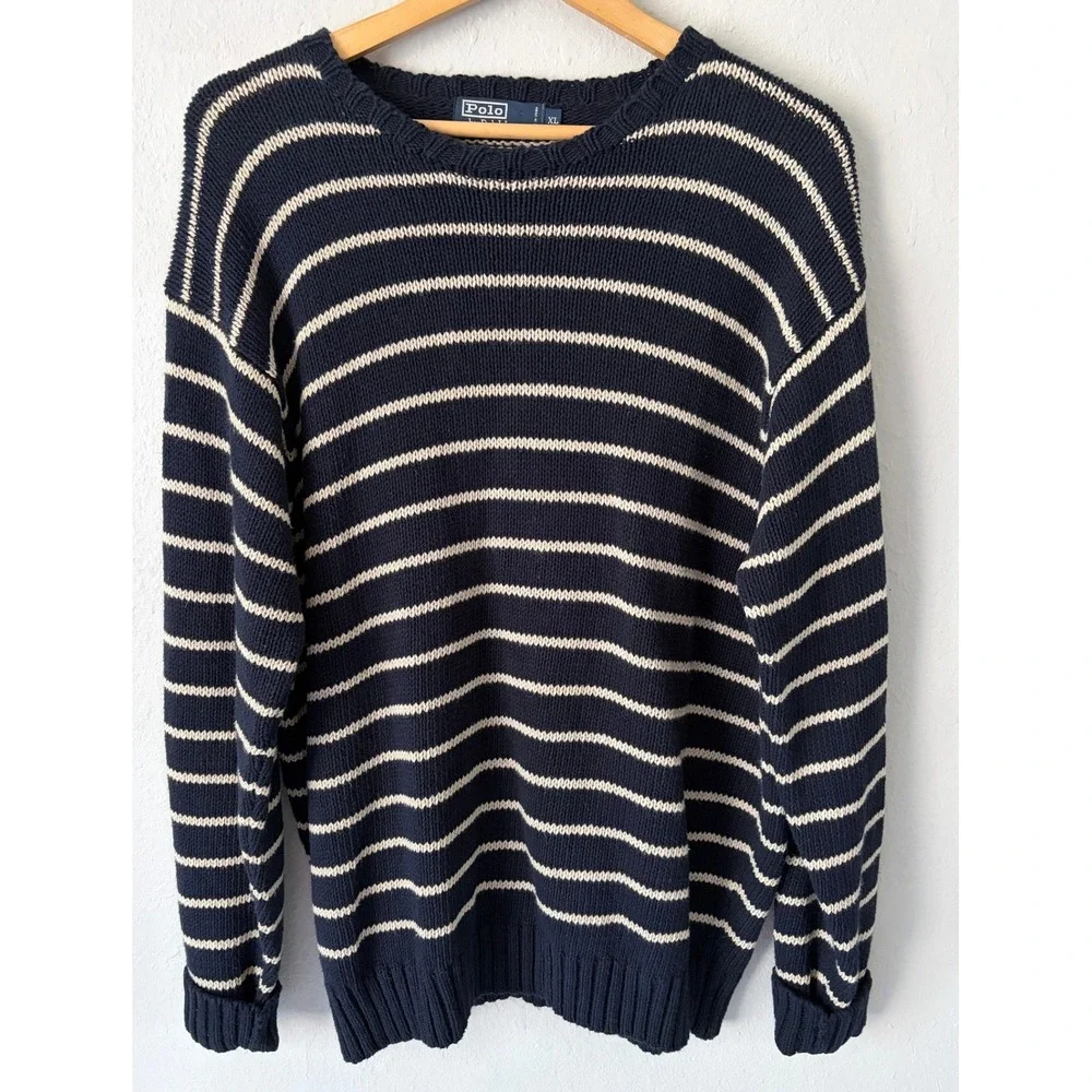Vintage Polo Ralph Lauren Sweater Men XL Navy Stripe Linen Cotton Old Money 90s